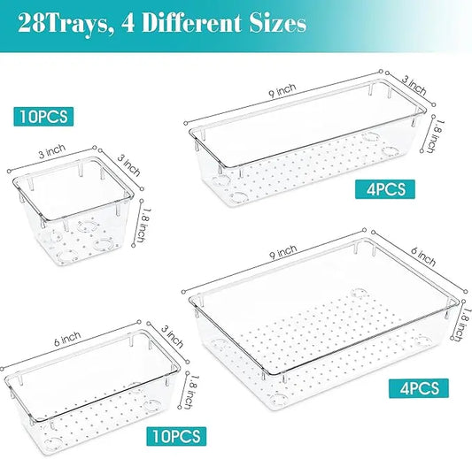 Clear Plastic Drawer Organizers Set - 28 PCS Trays for Makeup, Jewelry, Kitchen Utensils, Gadgets & Office Accessories in Boxes Cabinet Transparent Multicolor