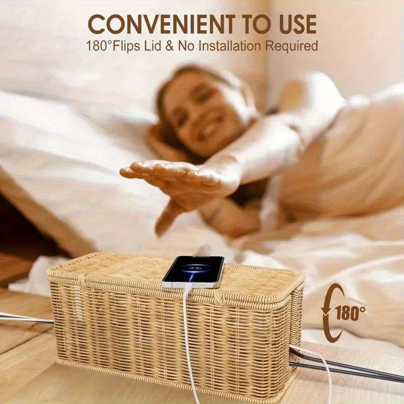 Hand-Woven Rattan Cable Organizer Box, Durable PE Material, Rustic Ethnic Style with Lid, Multifunctional Organizer, Home Organizers, Multi-Compartment Storage for Power Cords, Data Cables, Chargers, Cable Management Box