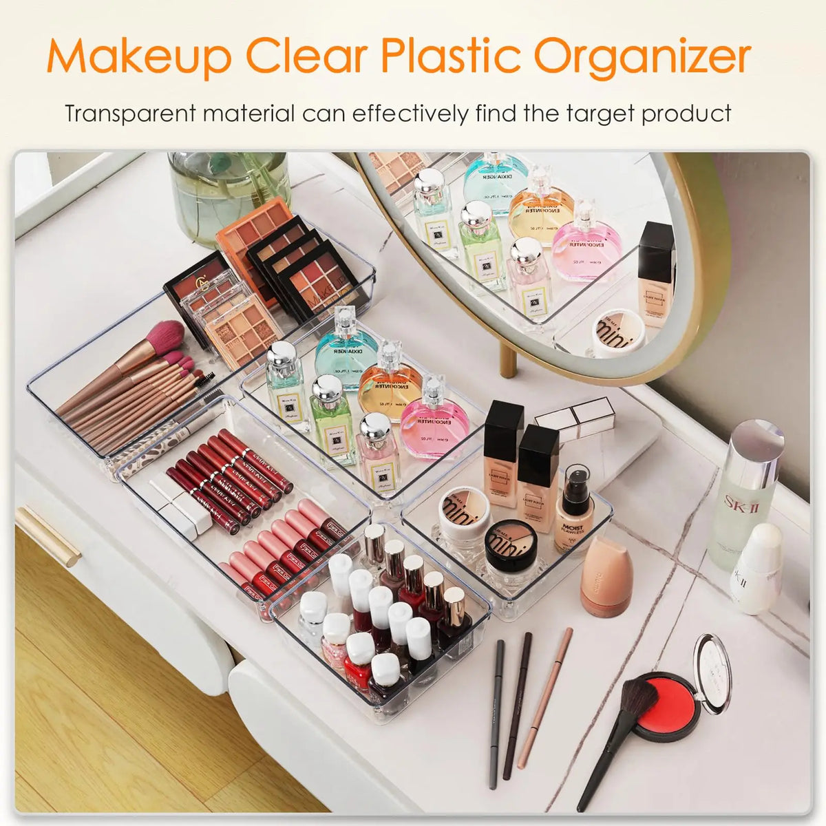 SANNAX Organizer Storage Tray Set - 10-Pack Large Plastic Drawer Divider Storage Boxes, 3 Sizes for Bathroom Vanity, Makeup Organizer, Kitchen Utensils