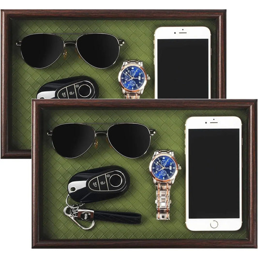 Wooden Valet Tray with Leather Base - Nightstand Catchall Organizer for Cologne, Perfume, , Wallet, Phone, Watch, & Sunglasses (Black)