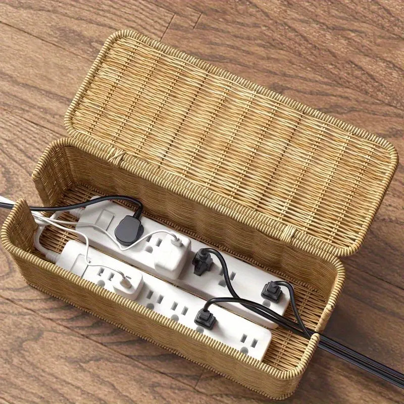 Woven Rattan Cable Storage Box, Durable Pe Material, Country Ethnic Style with Lid, Multi-Layer Organizer for Power Cables, Data Cables, Chargers