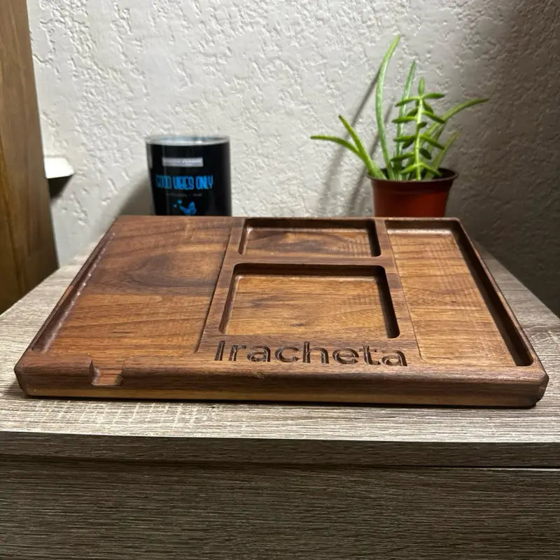Everyday Tray Plus— Adjustable Handmade Walnut Valet Tray | Personalized Organizer for Desk & Nightstand with Magnetic Feet