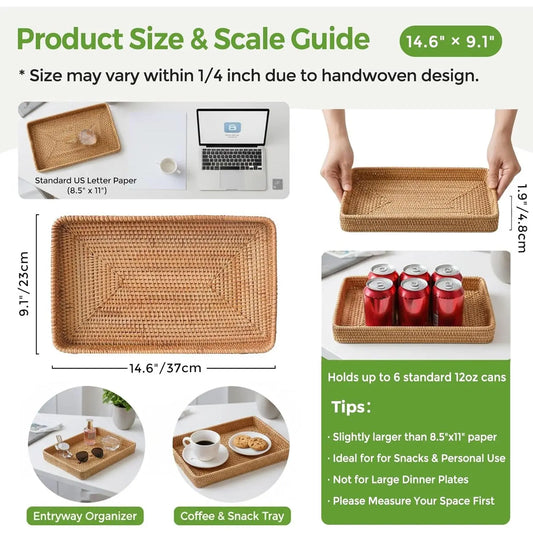 Wicker Storage Basket, Rattan Tray Rectangular for Bathroom Living Room, Decorative Serving Woven Trays Wicker Baskets for Organizing, Woven Seagrass Tray for Storage Decor L(14.6" x 9.1")