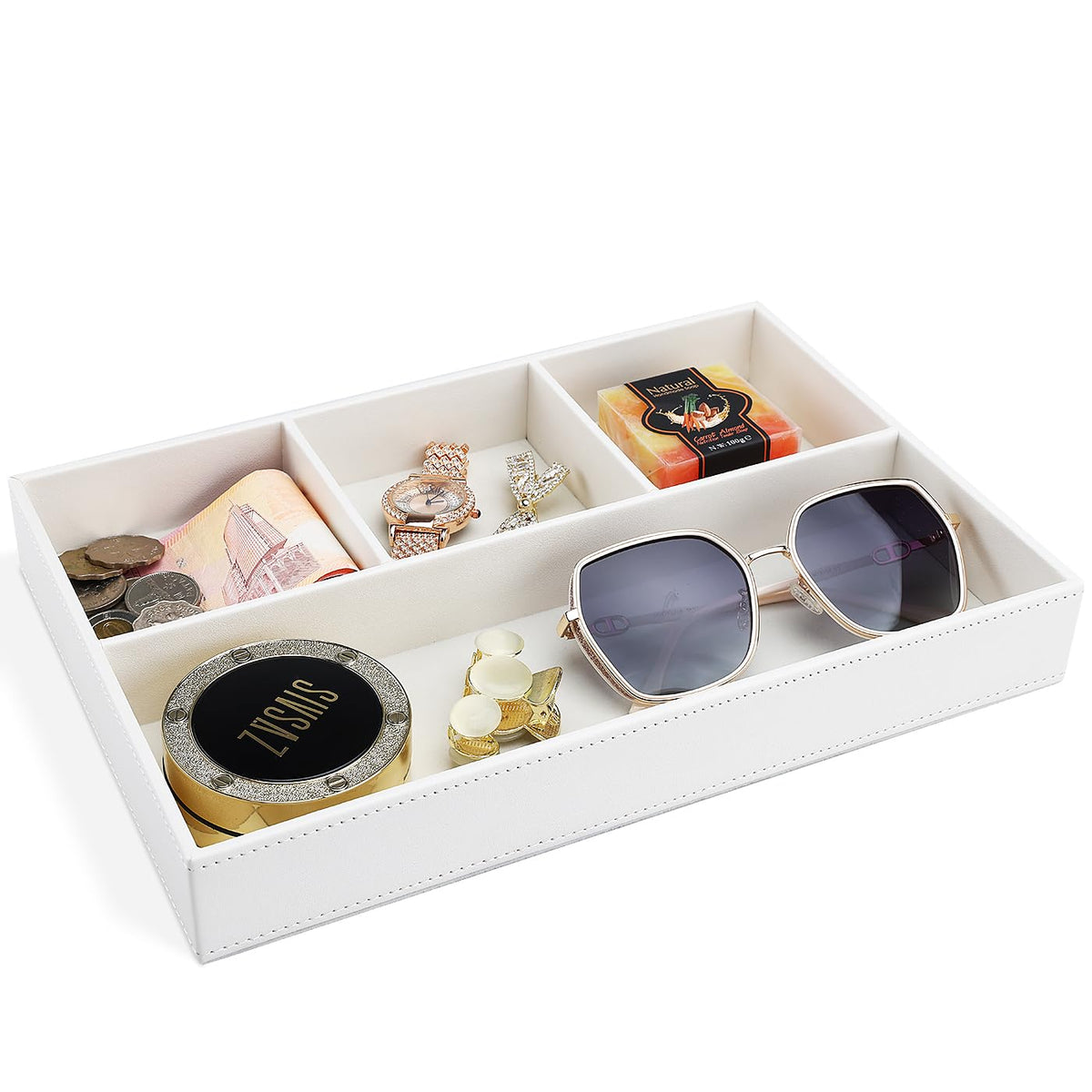 GORESE 2 Pieces Faux Leather Valet Tray for Men, Stackable Jewelry Organizer for Drawers, Nightstand Caddy Tray for Key, Wallet, Sunglass, Watch, Coin, Phone, Bedside Desk-top Storage Black