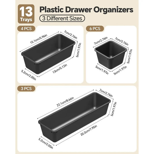 13 Pack Plastic Drawer Organizers Set, 3 Sizes Desk Drawer Organizer Trays for and Makeup Organizer, Organization and Storage for Makeup, Kitchen Utensils, Bathroom and Office(Black)