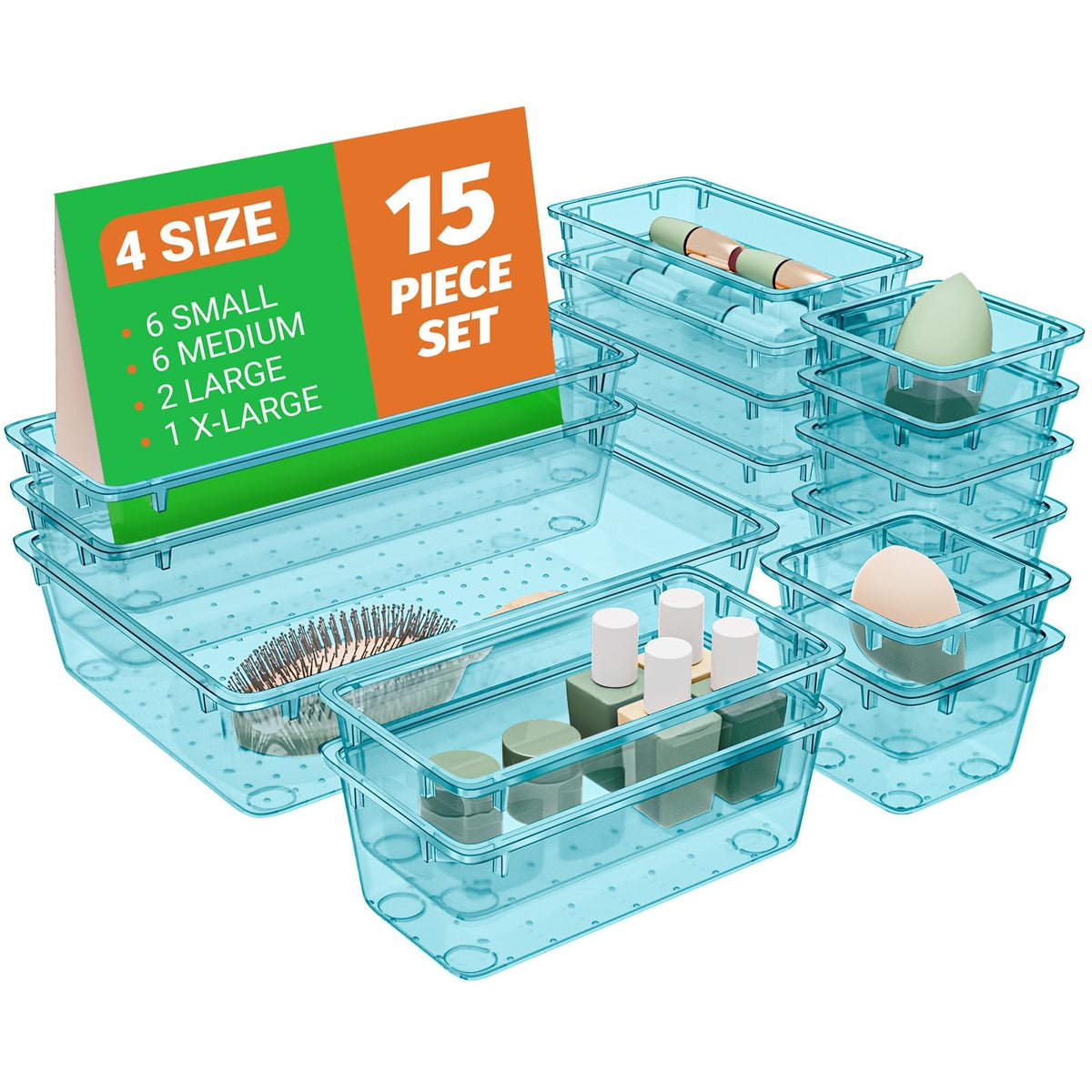 SpaceHacks 15 PCS Plastic Drawer Organizer Set, Drawer Storage Trays