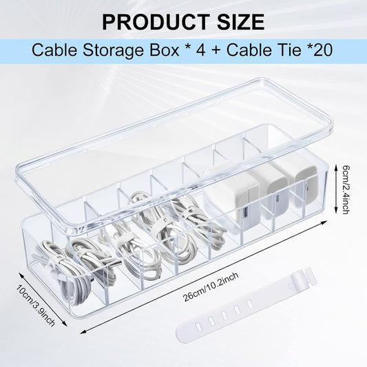 Tatuo Cord Organizer Box with Lid, Clear, 4 Pack