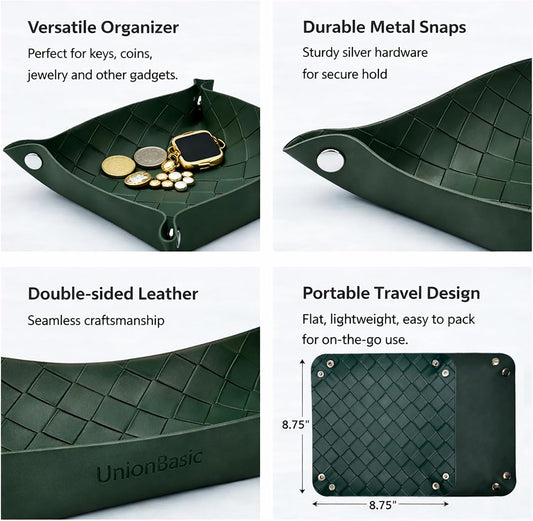 UnionBasic Small Valet Tray, Jewelry Tray for Rings Watches Earrings, Entryway Catchall Caddy for Coins Keys Change, Nightstand Bedside Valet Holder, Trays for Electronic Gadgets, Woven Vintage Green