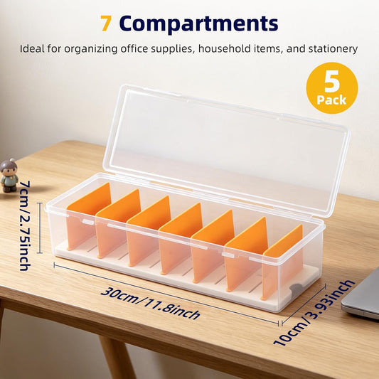 VZZNN 5 Pack Clear Cable Organizer Box with Lid, Plastic Cord Storage Case for Chargers, Power Cords, Electronics Accessories – Transparent Desk Organizer, Stackable, Adjustable Dividers