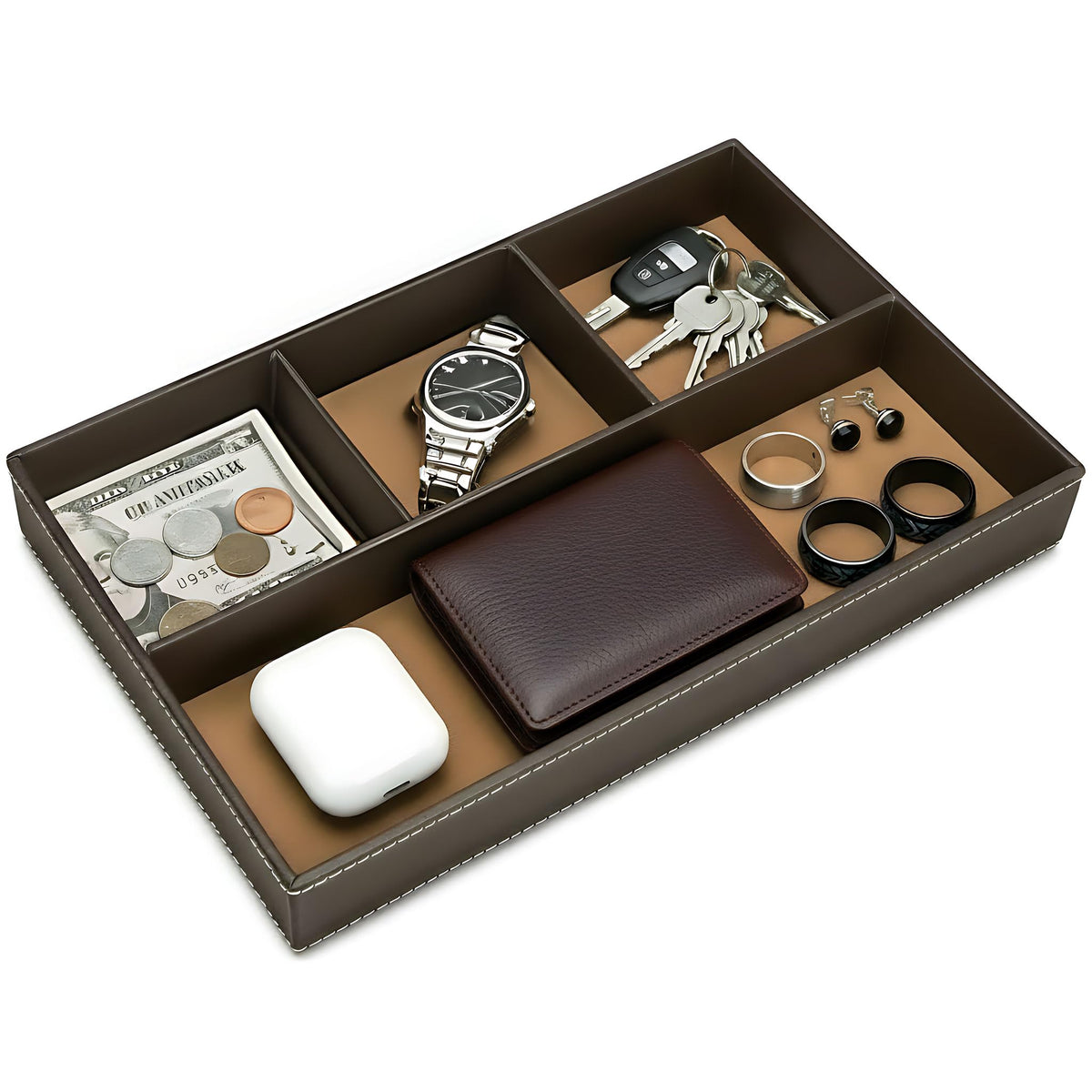 Leather Valet Organizer Nightstand & Dresser Storage Tray (Black)