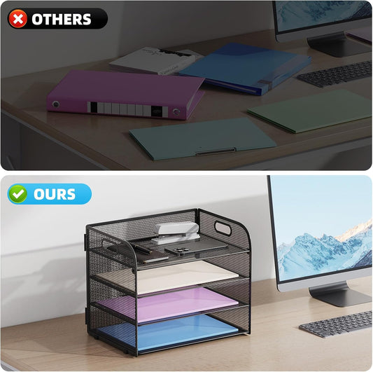 Marbrasse 4 Tier Paper Organizer Letter Tray - Mesh Desk File Organizer with Handle, Paper Sorter Organizer for Letter/A4 Office File Folder Holder (Black, 12.6" x 9.1" x 10.7")