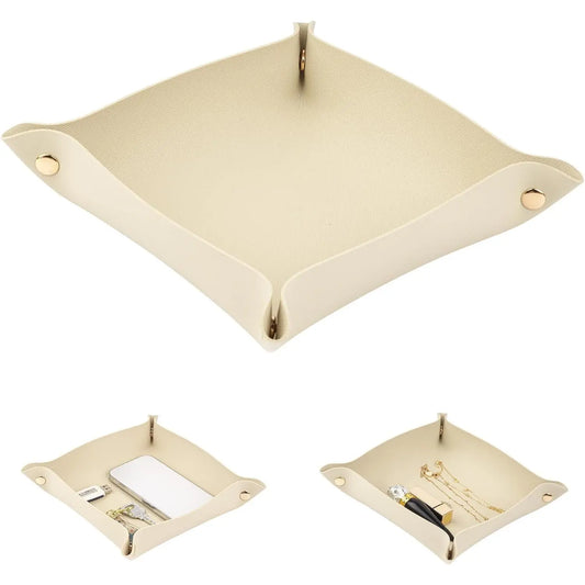 1 Pack PU Leather Tray for Wallet, Portable Décor Key Tray Holder, Night Stand Storage for Bedroom, Bathroom, Living Room, Entryway, Valet Organizer for Women Men (1, Coffee, Square)