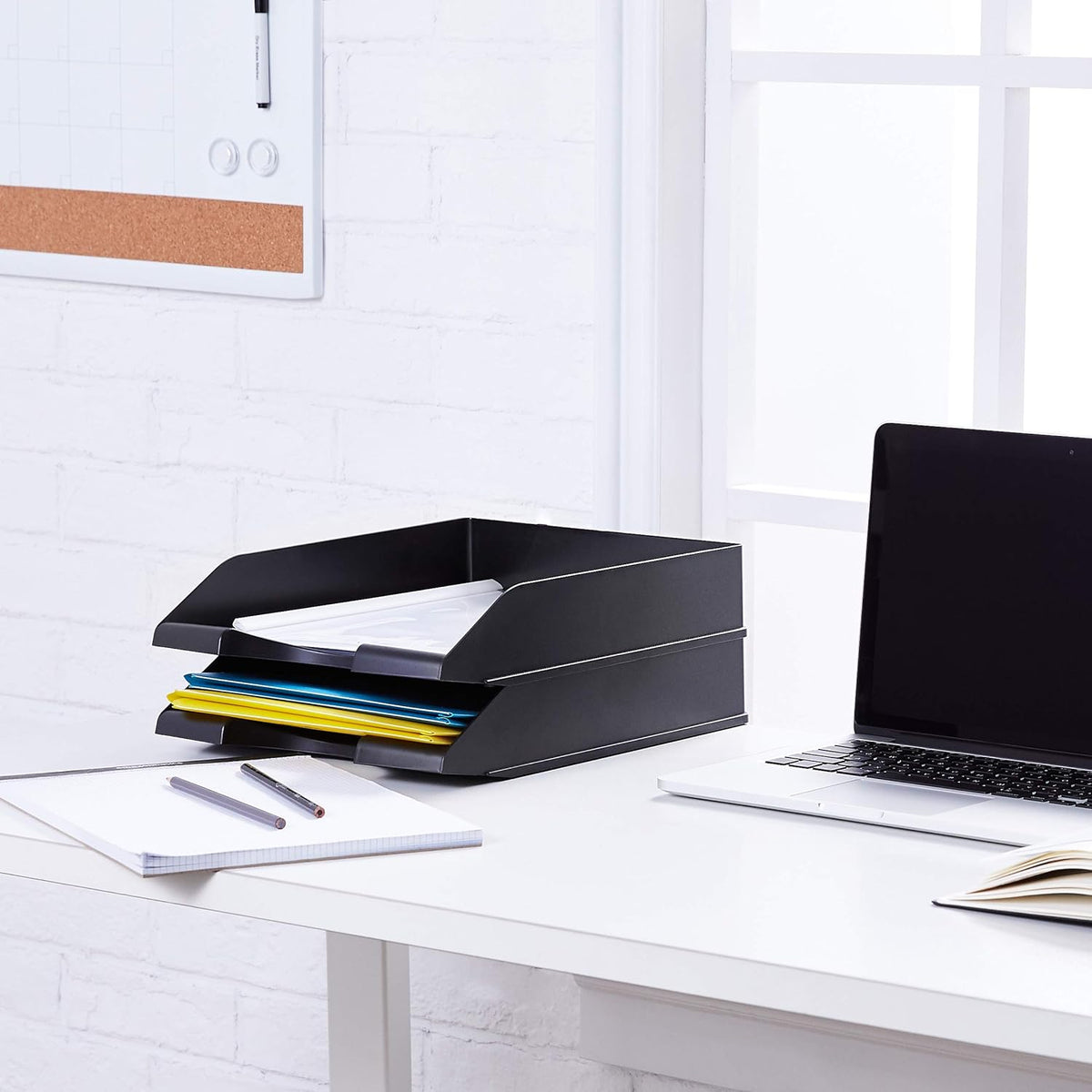 Amazon Basics Rectangular Stackable Desk Organizer Office Letter Tray, File Storage, Paper Organizer, Black, 2-Pack