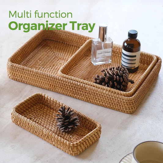 Rattan Serving Tray,Rectangle Wicker Storage Basket Set of 3 for Organizing