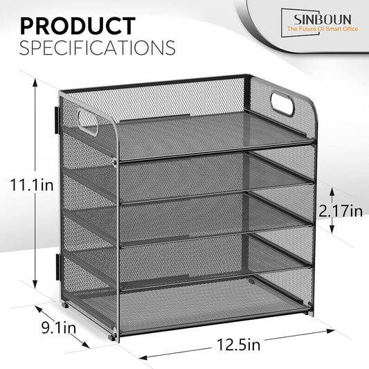 Letter Tray Paper Organizer 5-Tier Desk Organizer File Organizer Paper Holder with Handle, Metal Desktop Document Shelf Tray Office Classroom Organization - Black
