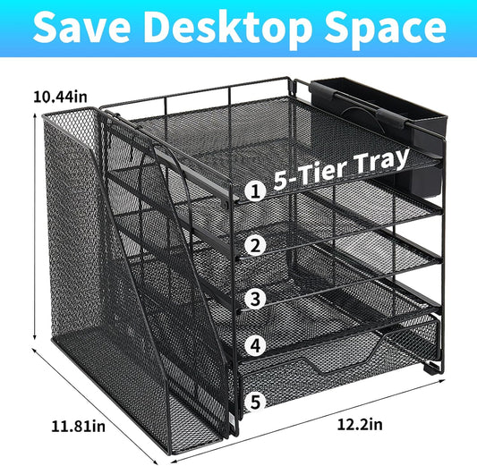 5-Tier Desk File Organizer with Drawer & Pen Holder (Black)