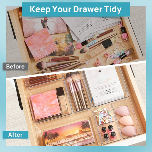 Vtopmart 72 PCS Clear Plastic Drawer Organizers Set, 4-Size Versatile Bathroom and Vanity Organizer Trays, Non-Slip Storage Containers for Makeup, Jewelries, Bedroom,Kitchen Utensils and Office