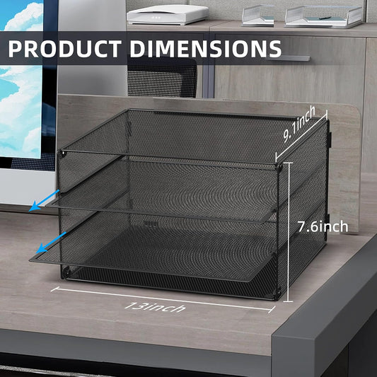 DALTACK 3 Tier Letter Tray Paper Organizer with Sliding Mesh Trays Black
