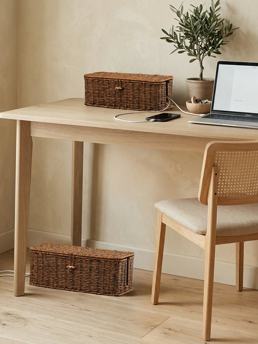 BROWNLILY Handwoven Rattan Rectangle Cable Management Box with Lockable Dustproof Lid - Desk Accessories for French Country Wire Concealment, Power Strip Hider That Reduces Dust Buildup, Home Office Under Desk Storage Bin