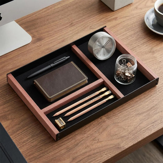 Gaomon Sturdy Frame Multi-Compartment Iron-Paulownia Wood Desk Organizer Tray - 1pc Minimalist Tidy, Desktop Pen Holder, Office Accessory for Home/Office Nightstand, Black & Wood Tone
