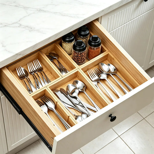 TidyArc 9-Piece Bamboo Drawer Organizer Set – Multi-Use Storage Trays for Kitchen, Bathroom, Office, Makeup, Jewelry & More – Junk Drawer Tray, Utensil Holder, Storage Box & Bin Set (9 Boxes)