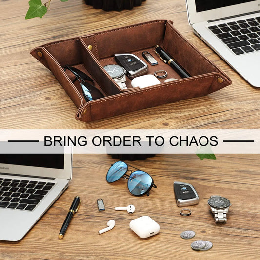 Brown 2-Compartment 2-Layer Valet Tray Desk Organizer - Office Stationery Supply, OCD-Friendly Multi-Purpose Accessory, Chic Decor Christmas Gift Idea for Home & Office, Two Layers