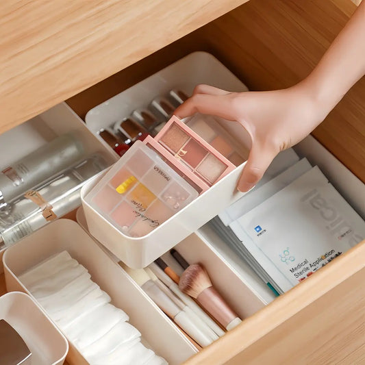SANNAX 7-Pack Collapsible Modular Drawer Organizer Trays, White Plastic Dividers with Multi-Size Free Combination, Home Organizing Set for Kitchen, Makeup Vanity Storage