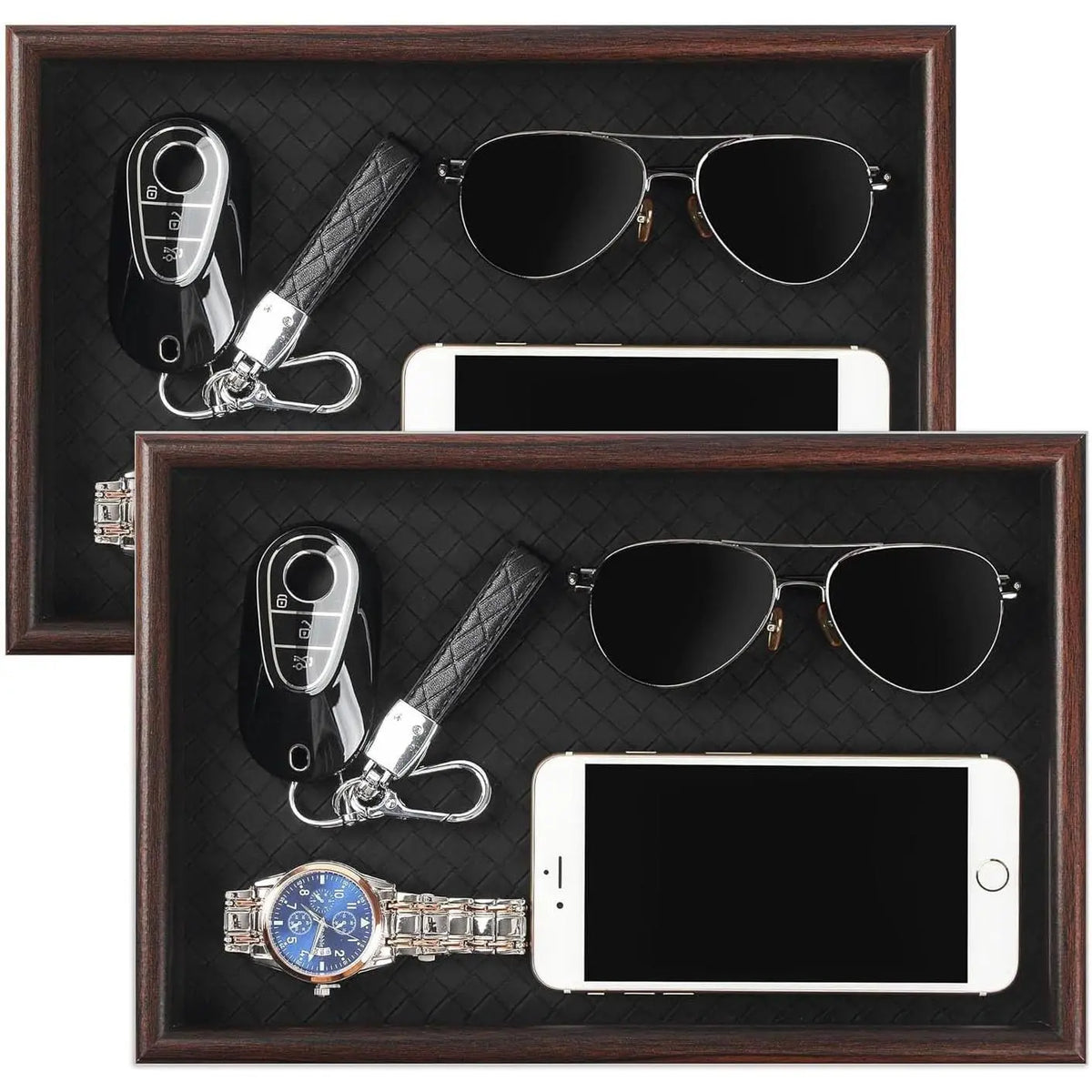 Wooden Valet Tray with Leather Base - Nightstand Catchall Organizer for Cologne, Perfume, , Wallet, Phone, Watch, & Sunglasses (Black)