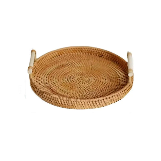 Round Rattan Storage Tray, 1/3 Pack Boho Style Tea Tray with Handle, Fruit Plate, Bread Snack Bohemian Basket, Home Organizer, House Organizers for Kitchen, Dining Room Decor
