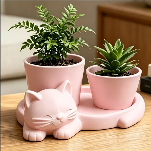 Pink cat desktop storage tray for jewelry (earrings, rings, necklaces, bracelets), keys, and a red sticky note holder.