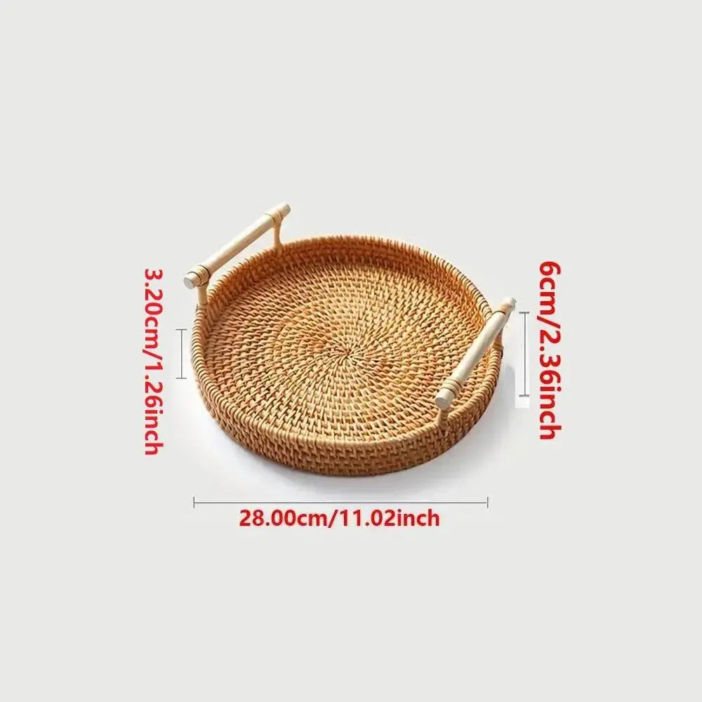 Round Rattan Storage Tray, 1/3 Pack Boho Style Tea Tray with Handle, Fruit Plate, Bread Snack Bohemian Basket, Home Organizer, House Organizers for Kitchen, Dining Room Decor
