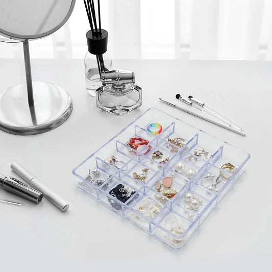 16 Grid  Organizer Tray, Clear Stackable Storage Tray | 16 Compartments, Stackable Design, Clear Plastic,  Storage, Makeup Organizer,  Tray