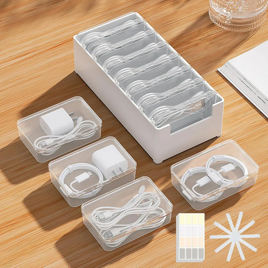 7-Case Cable Storage Box with Cable Straps and Label Stickers, Travel Cord Organizer for Charging Cables, USB Wires, Earphones – Drawer Organization for Home & Office (7 Cases + 7 Cable Straps)Gift