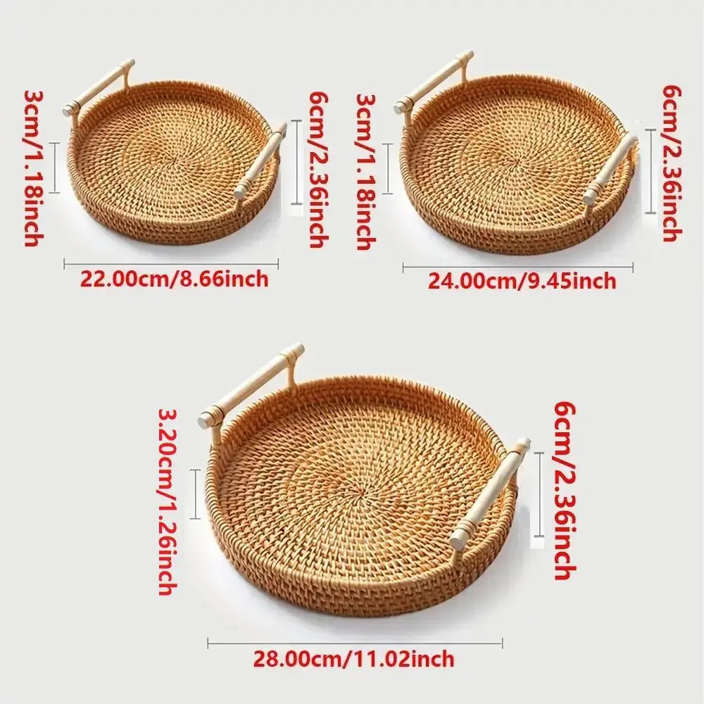 Round Rattan Storage Tray, 1/3 Pack Boho Style Tea Tray with Handle, Fruit Plate, Bread Snack Bohemian Basket, Home Organizer, House Organizers for Kitchen, Dining Room Decor