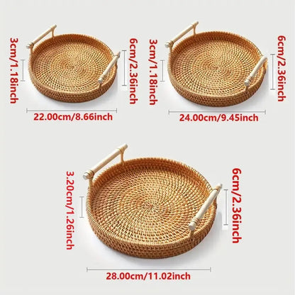 Round Rattan Storage Tray, 1/3 Pack Boho Style Tea Tray with Handle, Fruit Plate, Bread Snack Bohemian Basket, Home Organizer, House Organizers for Kitchen, Dining Room Decor
