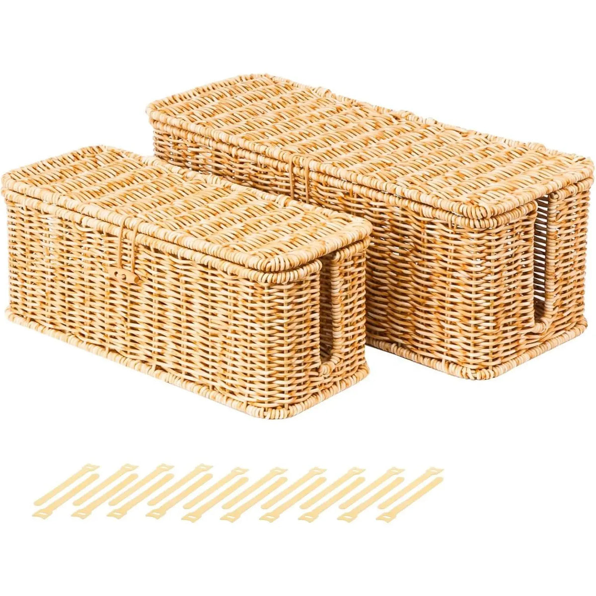 BROWNLILY Handwoven Rattan Rectangle Cable Management Box with Lockable Dustproof Lid - Desk Accessories for French Country Wire Concealment, Power Strip Hider That Reduces Dust Buildup, Home Office Under Desk Storage Bin