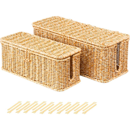 BROWNLILY Handwoven Rattan Rectangle Cable Management Box with Lockable Dustproof Lid - Desk Accessories for French Country Wire Concealment, Power Strip Hider That Reduces Dust Buildup, Home Office Under Desk Storage Bin