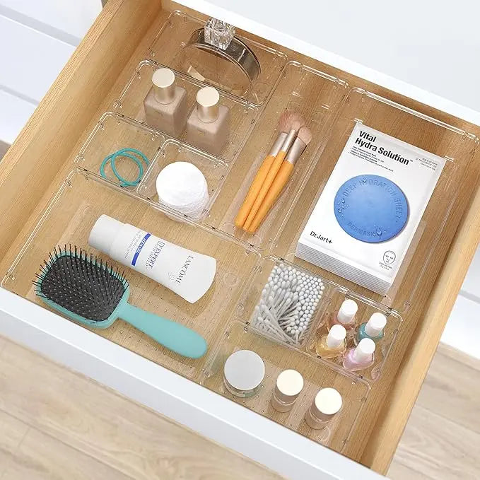 Clear Plastic Drawer Organizers Set - 28 PCS Trays for Makeup, Jewelry, Kitchen Utensils, Gadgets & Office Accessories in Boxes Cabinet Transparent Multicolor