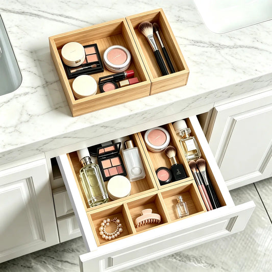 TidyArc 9-Piece Bamboo Drawer Organizer Set – Multi-Use Storage Trays for Kitchen, Bathroom, Office, Makeup, Jewelry & More – Junk Drawer Tray, Utensil Holder, Storage Box & Bin Set (9 Boxes)