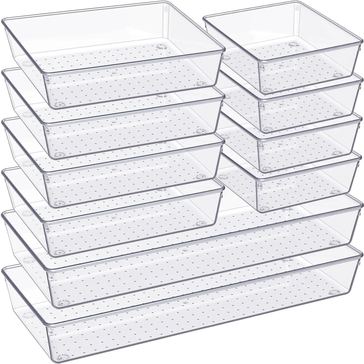 SANNAX Organizer Storage Tray Set - 10-Pack Large Plastic Drawer Divider Storage Boxes, 3 Sizes for Bathroom Vanity, Makeup Organizer, Kitchen Utensils