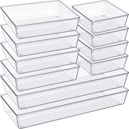 SANNAX Organizer Storage Tray Set - 10-Pack Large Plastic Drawer Divider Storage Boxes, 3 Sizes for Bathroom Vanity, Makeup Organizer, Kitchen Utensils