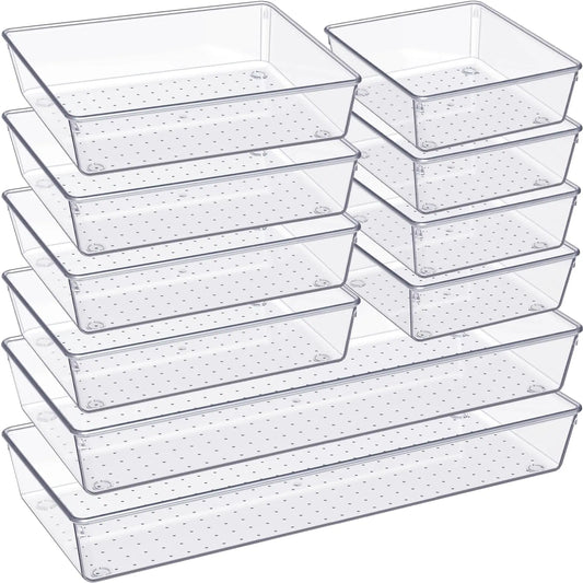 SANNAX Organizer Storage Tray Set - 10-Pack Large Plastic Drawer Divider Storage Boxes, 3 Sizes for Bathroom Vanity, Makeup Organizer, Kitchen Utensils