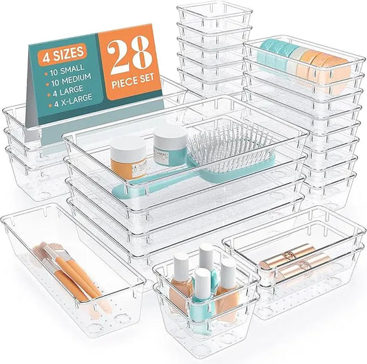 Clear Plastic Drawer Organizers Set - 28 PCS Trays for Makeup, Jewelry, Kitchen Utensils, Gadgets & Office Accessories in Boxes Cabinet Transparent Multicolor