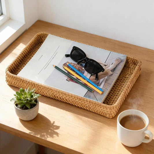 Wicker Storage Basket, Rattan Tray Rectangular for Bathroom Living Room, Decorative Serving Woven Trays Wicker Baskets for Organizing, Woven Seagrass Tray for Storage  Decor L(14.6" x 9.1")