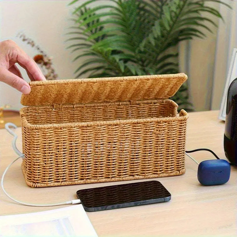 Woven Rattan Cable Storage Box, Durable Pe Material, Country Ethnic Style with Lid, Multi-Layer Organizer for Power Cables, Data Cables, Chargers