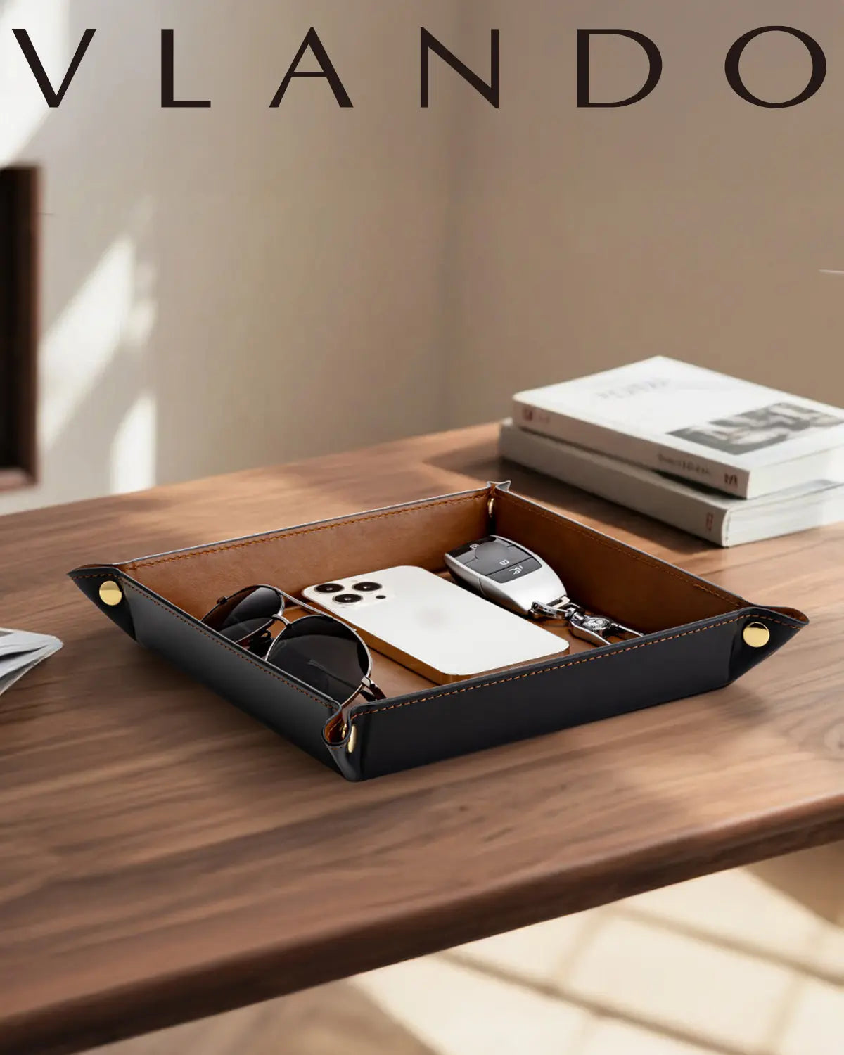 VLANDO Classic Square Wear-Resist PU Leather Valet Tray Catchall - 28.5 x 28.5 cm Collapsible Organizer, Waterproof Fold for Travel Dustproof Box with Adjustable Button-Closure, Desk/Bedside Fit Home Entryway Holder for Keys/Phone