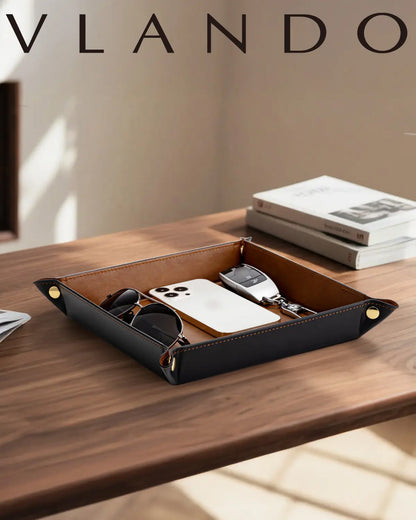 VLANDO Classic Square Wear-Resist PU Leather Valet Tray Catchall - 28.5 x 28.5 cm Collapsible Organizer, Waterproof Fold for Travel Dustproof Box with Adjustable Button-Closure, Desk/Bedside Fit Home Entryway Holder for Keys/Phone