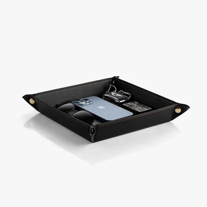 VLANDO Classic Square Wear-Resist PU Leather Valet Tray Catchall - 28.5 x 28.5 cm Collapsible Organizer, Waterproof Fold for Travel Dustproof Box with Adjustable Button-Closure, Desk/Bedside Fit Home Entryway Holder for Keys/Phone