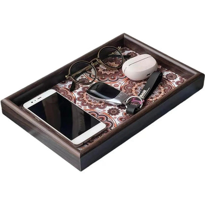 Wooden Valet Tray with Leather Base - Nightstand Catchall Organizer for Cologne, Perfume, , Wallet, Phone, Watch,  & Sunglasses (Black)