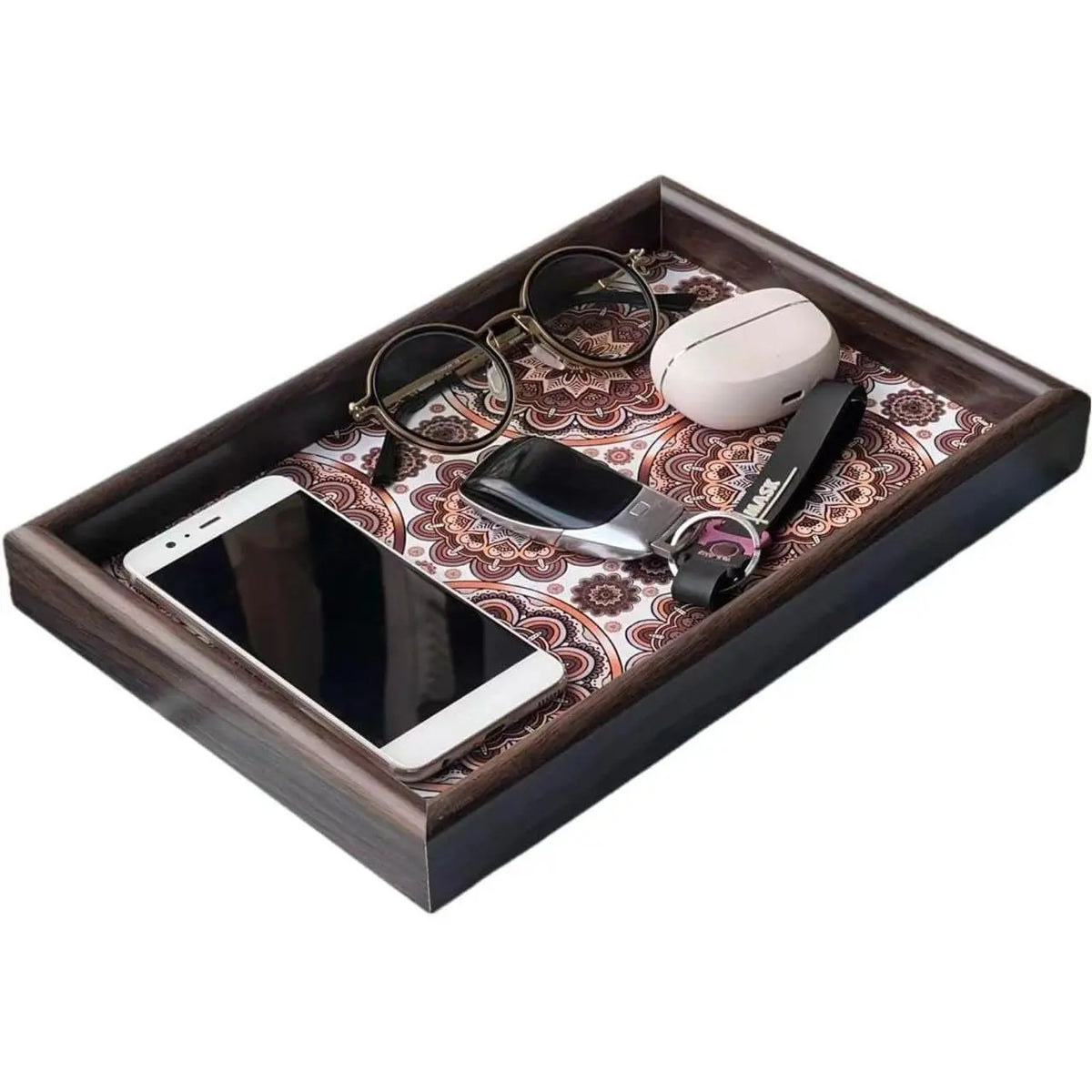 Wooden Valet Tray with Leather Base - Nightstand Catchall Organizer for Cologne, Perfume, , Wallet, Phone, Watch,  & Sunglasses (Black)